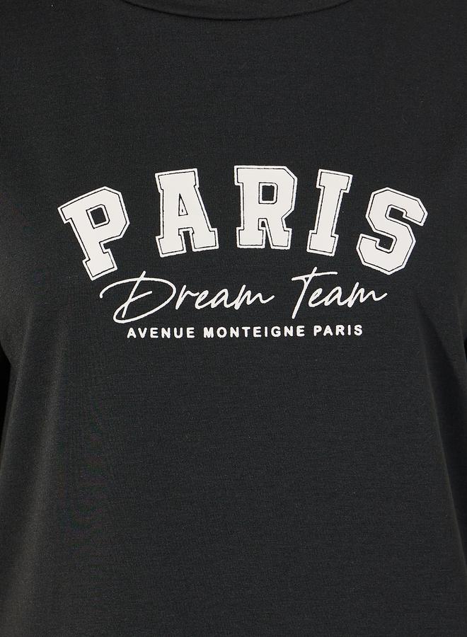 Styli Paris Slogan Print T-Shirt & Printed Cuffed Pyjama Set  - Image 4