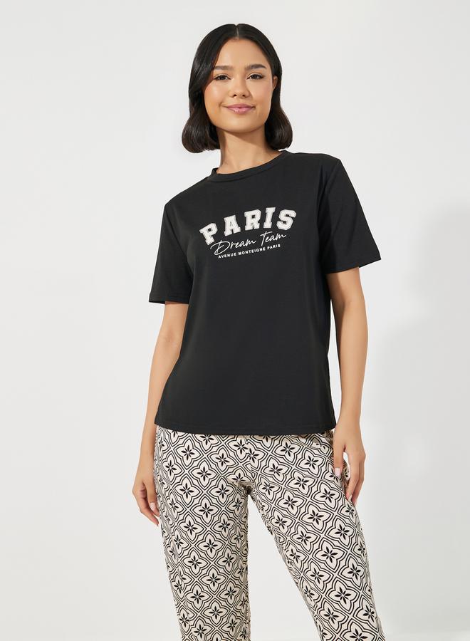 Styli Paris Slogan Print T-Shirt & Printed Cuffed Pyjama Set  - Image 3