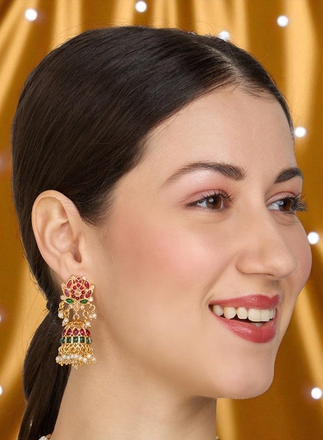 fabula Jewellery Ruby & Green Lotus Jhumka Earrings - Kempu Stone - Delicate Design - For Women & Girls Stylish Latest (JRE501_Z)- For Women & Girls Stylish Latest - Image 4
