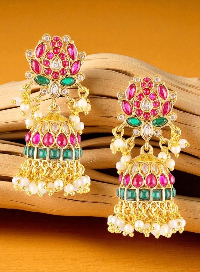 fabula Jewellery Ruby & Green Lotus Jhumka Earrings - Kempu Stone - Delicate Design - For Women & Girls Stylish Latest (JRE501_Z)- For Women & Girls Stylish Latest - Image 3