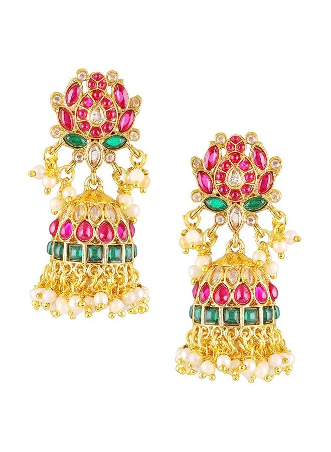fabula Jewellery Ruby & Green Lotus Jhumka Earrings - Kempu Stone - Delicate Design - For Women & Girls Stylish Latest (JRE501_Z)- For Women & Girls Stylish Latest - Image 2