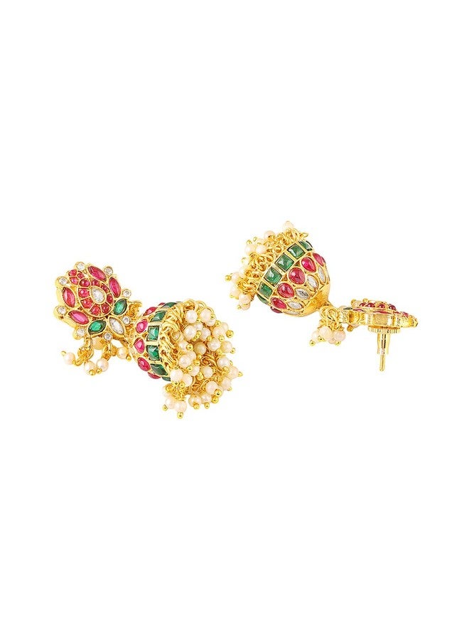 fabula Jewellery Ruby & Green Lotus Jhumka Earrings - Kempu Stone - Delicate Design - For Women & Girls Stylish Latest (JRE501_Z)- For Women & Girls Stylish Latest - Image 5