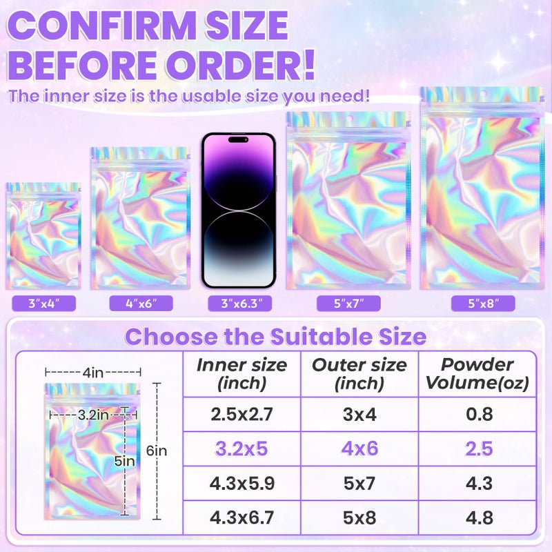 ANZNKU 50 Pack Holographic Mylar Bags, 4'' x 6â€˜â€™ Packaging Bags for Small Business, Resealable Smell Proof Bag, Holographic Rainbow Color Resealable Bag Zip Baggie for Food Storage & Jewelry Packaging - Image 2