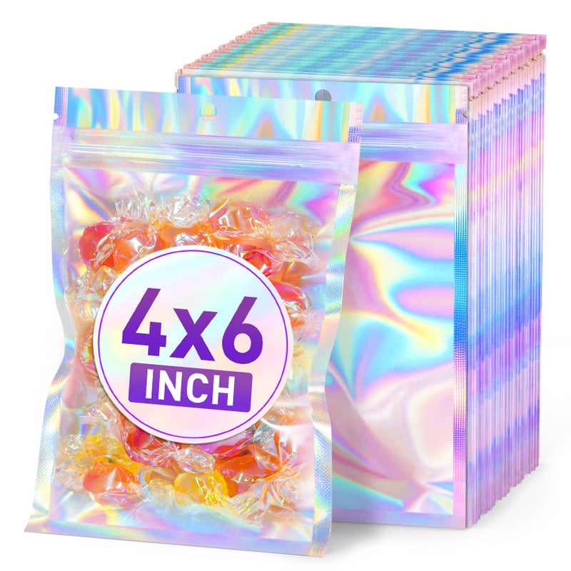 ANZNKU 50 Pack Holographic Mylar Bags, 4'' x 6â€˜â€™ Packaging Bags for Small Business, Resealable Smell Proof Bag, Holographic Rainbow Color Resealable Bag Zip Baggie for Food Storage & Jewelry Packaging - Image 1