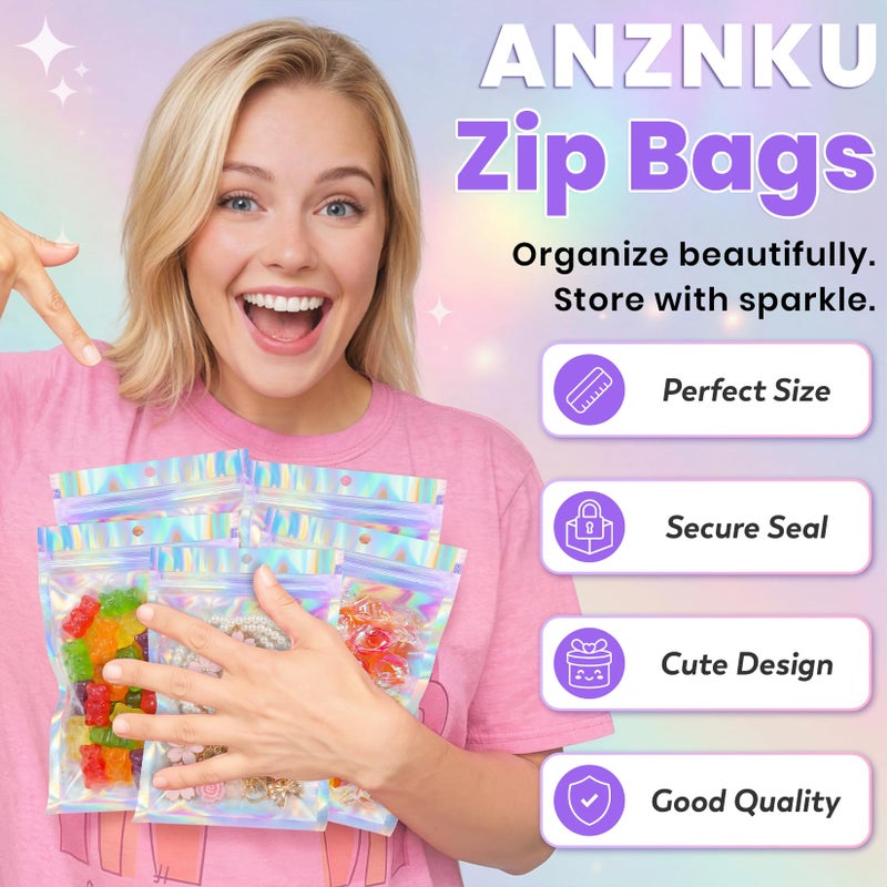 ANZNKU 50 Pack Holographic Mylar Bags, 4'' x 6â€˜â€™ Packaging Bags for Small Business, Resealable Smell Proof Bag, Holographic Rainbow Color Resealable Bag Zip Baggie for Food Storage & Jewelry Packaging - Image 3
