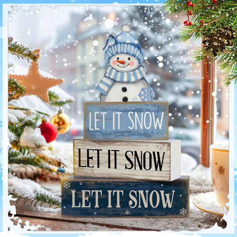 Lineshading 4 Pcs Winter Table Decoration Blue and White Snowman Decor Winter Tiered Tray Decor Christmas Centerpiece Decorative Wooden Snowman Block Sign Gift Christmas Decoration for Home Kitchen - Image 5