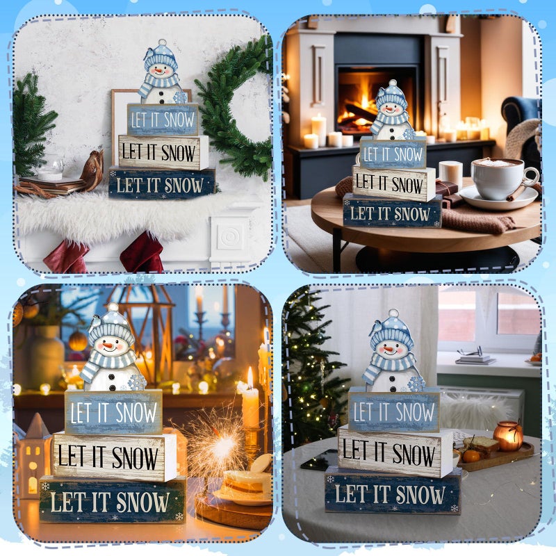 Lineshading 4 Pcs Winter Table Decoration Blue and White Snowman Decor Winter Tiered Tray Decor Christmas Centerpiece Decorative Wooden Snowman Block Sign Gift Christmas Decoration for Home Kitchen - Image 4
