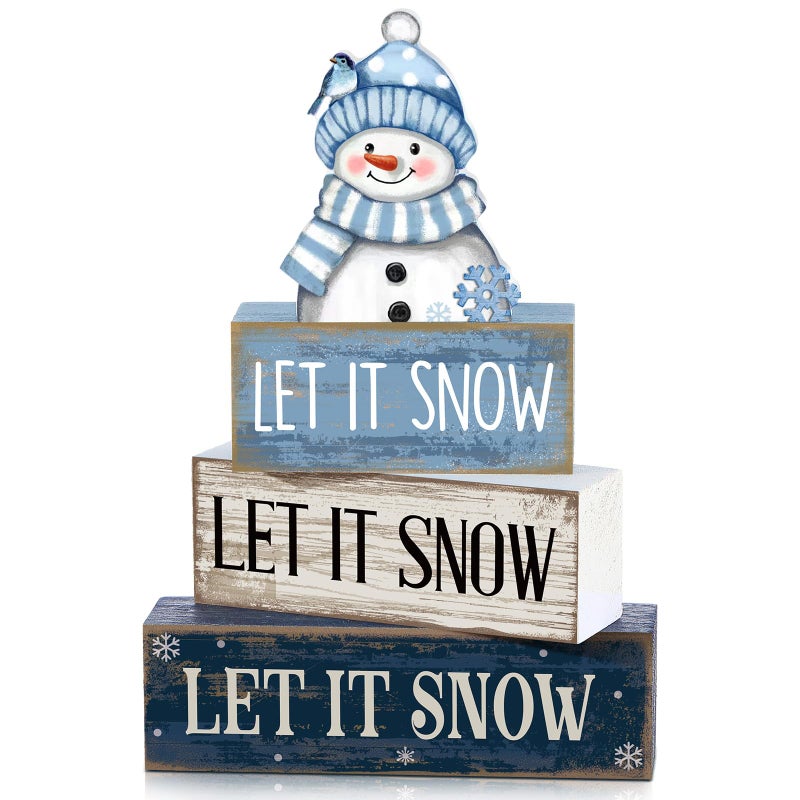 Lineshading 4 Pcs Winter Table Decoration Blue and White Snowman Decor Winter Tiered Tray Decor Christmas Centerpiece Decorative Wooden Snowman Block Sign Gift Christmas Decoration for Home Kitchen - Image 1