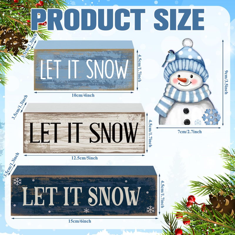 Lineshading 4 Pcs Winter Table Decoration Blue and White Snowman Decor Winter Tiered Tray Decor Christmas Centerpiece Decorative Wooden Snowman Block Sign Gift Christmas Decoration for Home Kitchen - Image 3