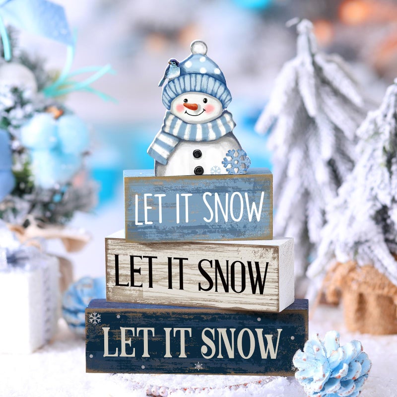 Lineshading 4 Pcs Winter Table Decoration Blue and White Snowman Decor Winter Tiered Tray Decor Christmas Centerpiece Decorative Wooden Snowman Block Sign Gift Christmas Decoration for Home Kitchen - Image 2