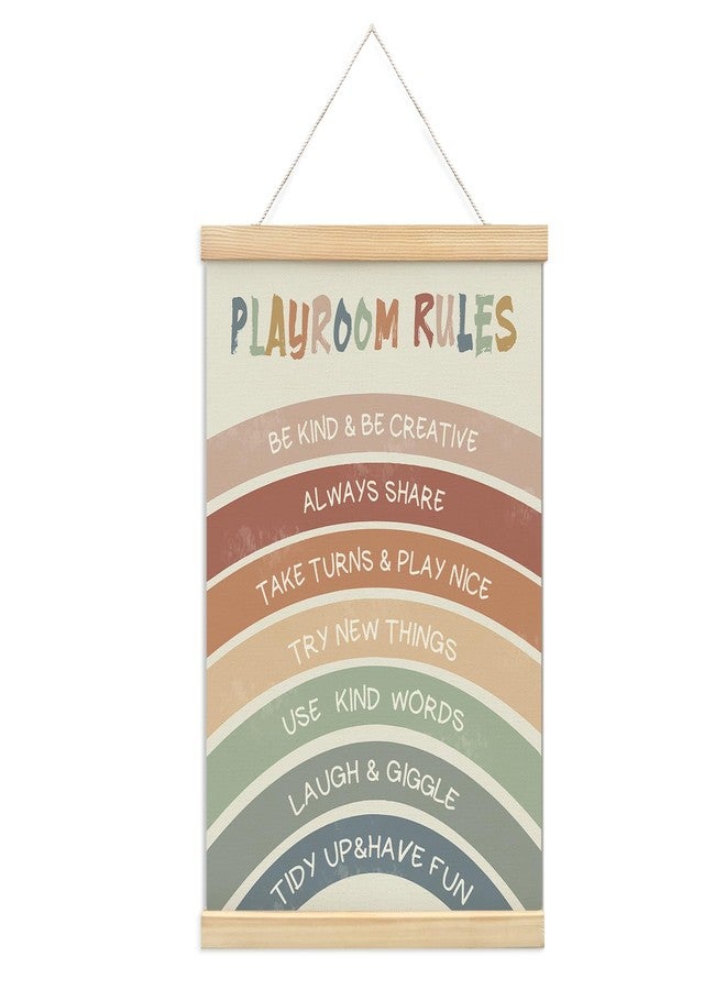 foedor Boho Rainbow Nursery Playroom Rules Wall Art with Wooden Frames,Playroom Wall Decor Canvas Hanging Banner,Playroom Sign Affirmations Prints Framed for Classroom Kids Room Wall Decor,12x16 Inch - Image 1