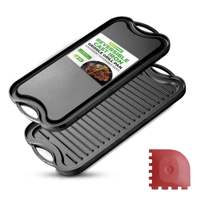 REVERSIBLE CAST IRON GRIDDLE FLAT GRILL SIDES EXTRAWIDE OVEN SAFE PFOA PFOS FREE COMPATIBLE WITH MULTIPLE STOVETOPS