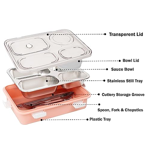 Brand Conquer Lunch Box Leak-Proof BPA Free Stainless Steel for School, Lunch Box for School & Office with a Fork, a Spoon and a Pair of Chopsticks (Light Pink, 4 Compartment) - Image 2