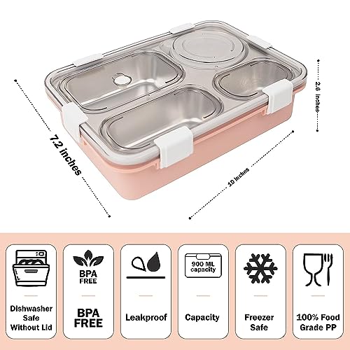 Brand Conquer Lunch Box Leak-Proof BPA Free Stainless Steel for School, Lunch Box for School & Office with a Fork, a Spoon and a Pair of Chopsticks (Light Pink, 4 Compartment) - Image 3