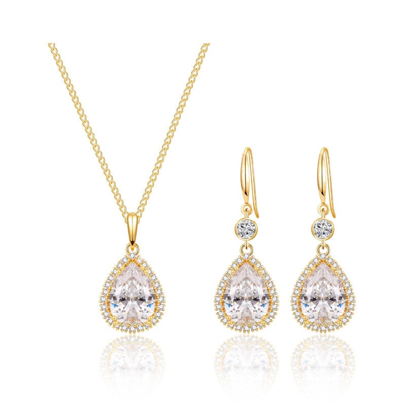 GULICX Crystal Jewelry Set for Women, 14K Gold Teardrop Crystal Necklace and Earrings Set, Clear Rhinestone Formal Wedding Prom Party Jewelry for Bride Bridesmaid Mother - Image 1