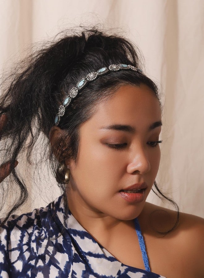 MINACHI Bohemian Beaded Sewn Rice Hair Band with Created Turquoise Beads, Elastic Cotton Rope, All-Match Face Hair Accessories, Ethnic Style for Women - Image 4