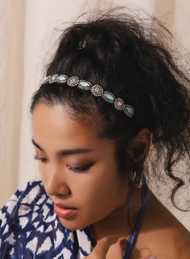 MINACHI Bohemian Beaded Sewn Rice Hair Band with Created Turquoise Beads, Elastic Cotton Rope, All-Match Face Hair Accessories, Ethnic Style for Women - Image 2
