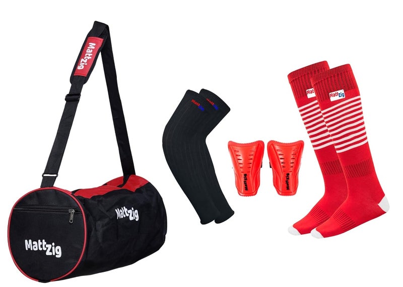 MATTZIG ® Club Football Kit (One Pair of Striped Lycra Socks + One Pair of Shin Guard + One Pair of Cotton Arm Sleeves + One Kit Bag) (Red) - Image 1