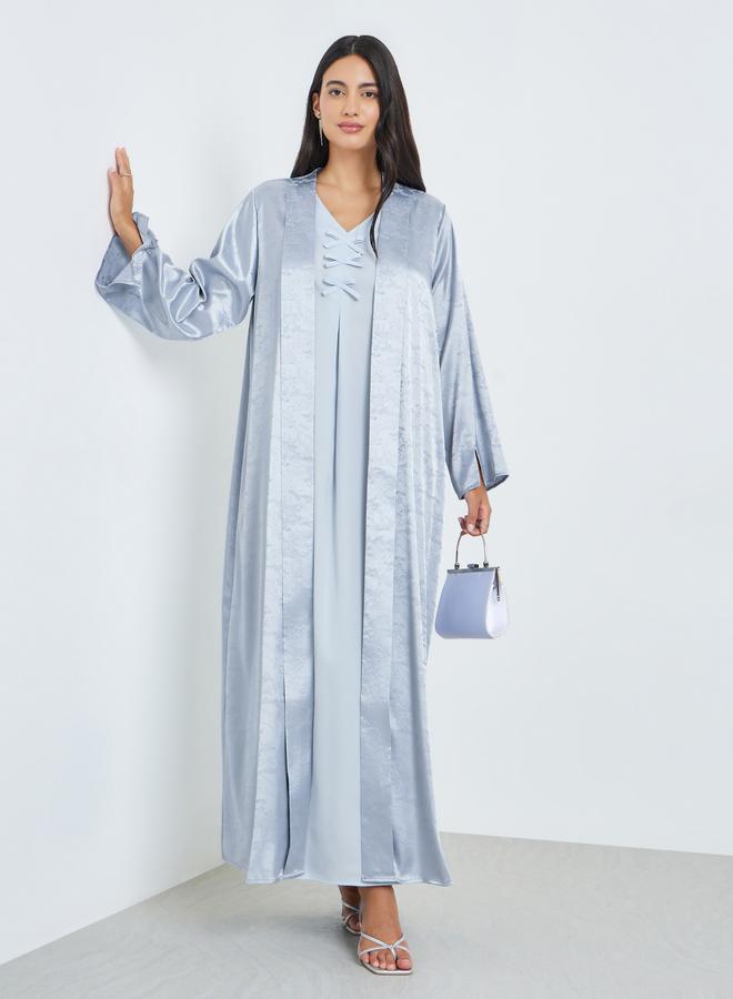Amirah Blue Front Open Jacquard Abaya - Image 1