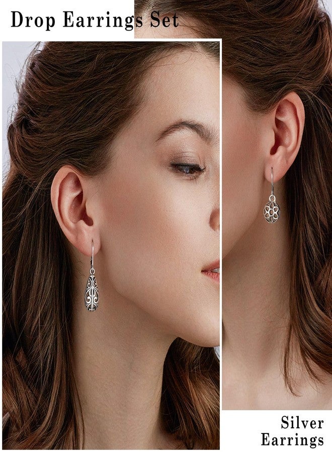 KesaPlan Silver Dangle Earrings for Women Silver Earrings Set, Boho Drop Earrings for Women, Hypoallergenic Trendy Earring Sets, Lightweight Dangling Teardrop Leverback Earrings Western Jewelry Gift for Women's (Hollow Set S-3) - Image 2