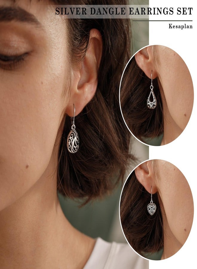 KesaPlan Silver Dangle Earrings for Women Silver Earrings Set, Boho Drop Earrings for Women, Hypoallergenic Trendy Earring Sets, Lightweight Dangling Teardrop Leverback Earrings Western Jewelry Gift for Women's (Hollow Set S-3) - Image 3