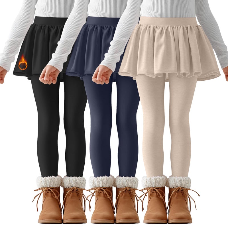 LessonZoo 3 Pack Girls Fleece School Uniform Pants Leggings with Ruffle Skirt Kids Thermal Footless Stretch Pants 5-14 Years(Light Apricot, Navy Blue, Black,9-10 Years) - Image 1