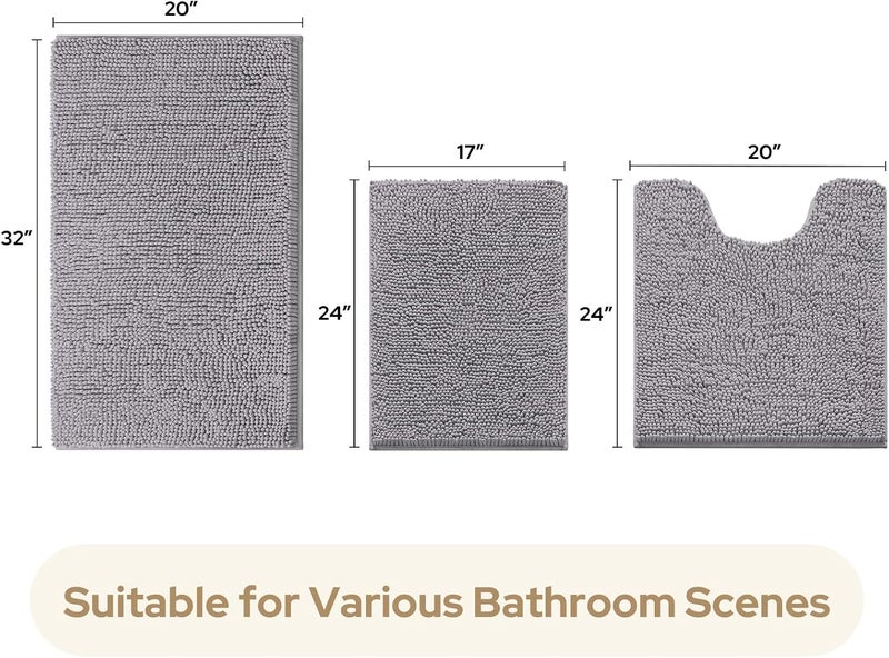 HOMEIDEAS 3 Pieces Bath Rugs Set Chenille Bathroom Door Mats - Ultra Soft, Non-slip, and Absorbent Plush for Tub - Image 3