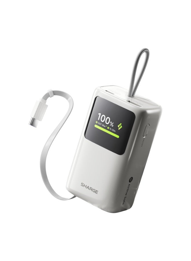 شارج بنك الطاقة SHARGE HyperTower بسعة 10,000 مللي أمبير في الساعة وقدرة شحن سريع 45 واط، مزود بكابل USB-C مدمج بطول 60 سم، ومنافذ USB-C وUSB-A، وشاشة رقمية ذكية، وتصميم مدمج قابل للحمل - لون أبيض - Image 1