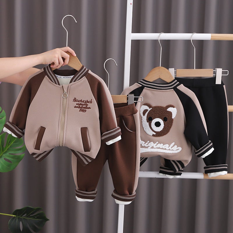 Boys suit Winter Babys Cartoon fleece-lined Sweatshirt Autumn and Winter Childrens Casual Childrens Thickened Two-piece Set Dark brown - Image 2