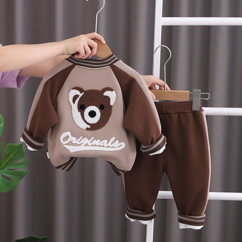 Boys suit Winter Babys Cartoon fleece-lined Sweatshirt Autumn and Winter Childrens Casual Childrens Thickened Two-piece Set Dark brown - Image 4