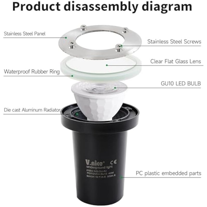 V.nice LED Underground Light IP65 Waterproof, 3000K Outdoor In-Ground Spot Light, Replaceable GU10 Socket, Aluminum Body, 220-240V, for Garden Pathway (Bulbs Not Included) - Image 2