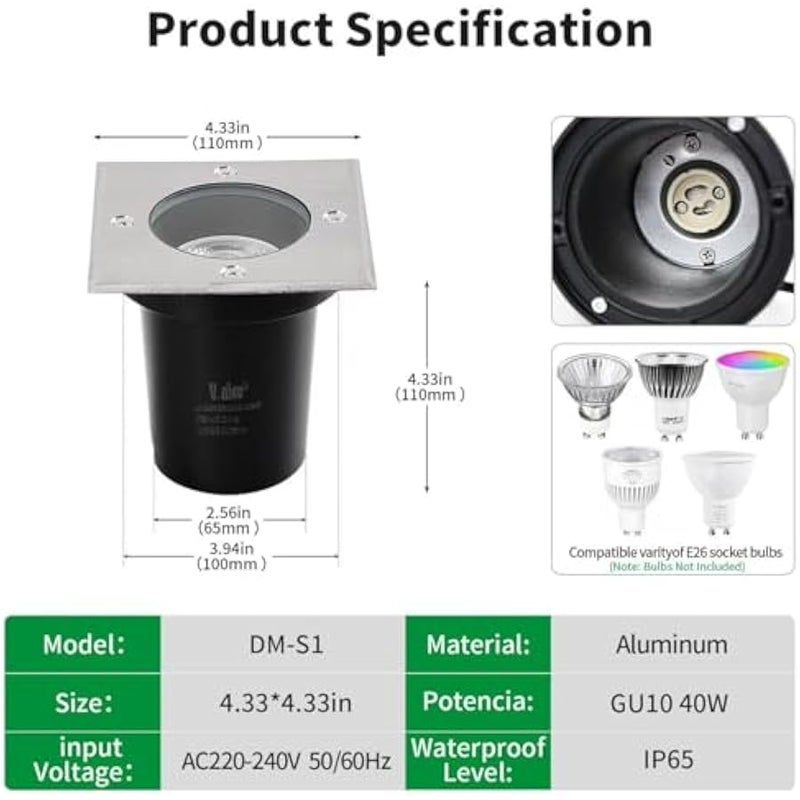 V.nice LED Underground Light IP65 Waterproof, 3000K Outdoor In-Ground Spot Light, Replaceable GU10 Socket, Aluminum Body, 220-240V, for Garden Pathway (Bulbs Not Included) - Image 3