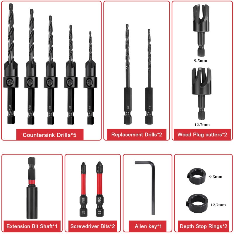Doaho 15 Pcs Countersink Drill Bit Set,Tapered Counter Sink Bits with 1/4" Hex Shank,Quick Change Wood Plug Cutter for Woodworking,Pilot Hole Drilling in Wood & Metal - Storage Case - Image 2