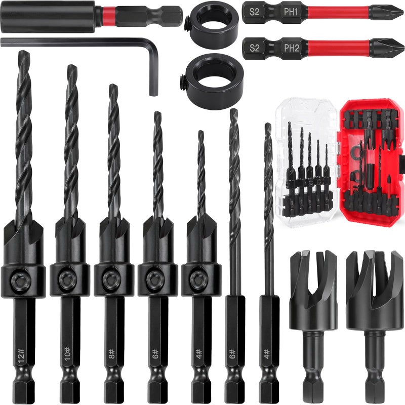 Doaho 15 Pcs Countersink Drill Bit Set,Tapered Counter Sink Bits with 1/4" Hex Shank,Quick Change Wood Plug Cutter for Woodworking,Pilot Hole Drilling in Wood & Metal - Storage Case - Image 1