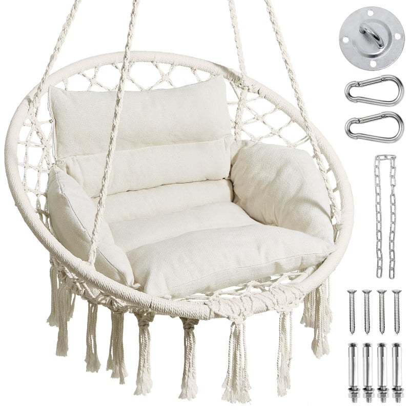 Greenstell Hammock Chair Macrame Swing Chair with Comfy Cushion Boho Hanging Chair for Outdoor Indoor Perfect for Bedroom Patio Balcony Hold up to 330Lbs Beige