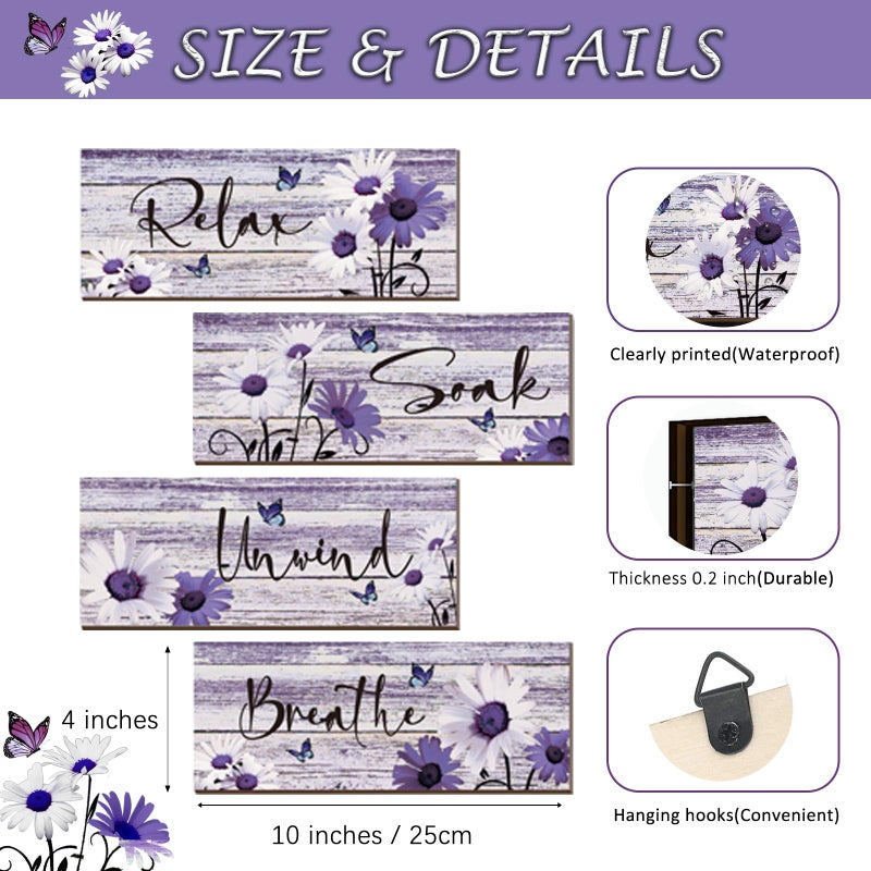 ZINYAZHE 4 Pcs Farmhouse Bathroom Wall Decor - Purple Daisy Floral Flowers and Butterfly Wall Art - Relax Soak Unwind Breathe Rustic Wood Plaque for Home Spa Laundry (10 x 4 Inch) - Image 4