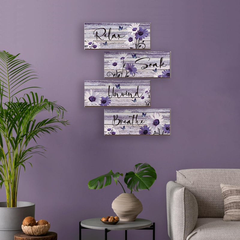 ZINYAZHE 4 Pcs Farmhouse Bathroom Wall Decor - Purple Daisy Floral Flowers and Butterfly Wall Art - Relax Soak Unwind Breathe Rustic Wood Plaque for Home Spa Laundry (10 x 4 Inch) - Image 5