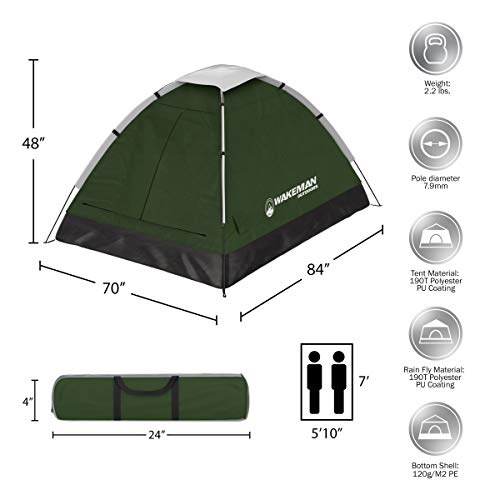 Wakeman 2 Person Camping Tent with Rain Fly and Carrying Bag - Lightweight Outdoor Tent for Backpacking, Hiking, or Beach Use by Wakeman Outdoors (Green) - Image 2