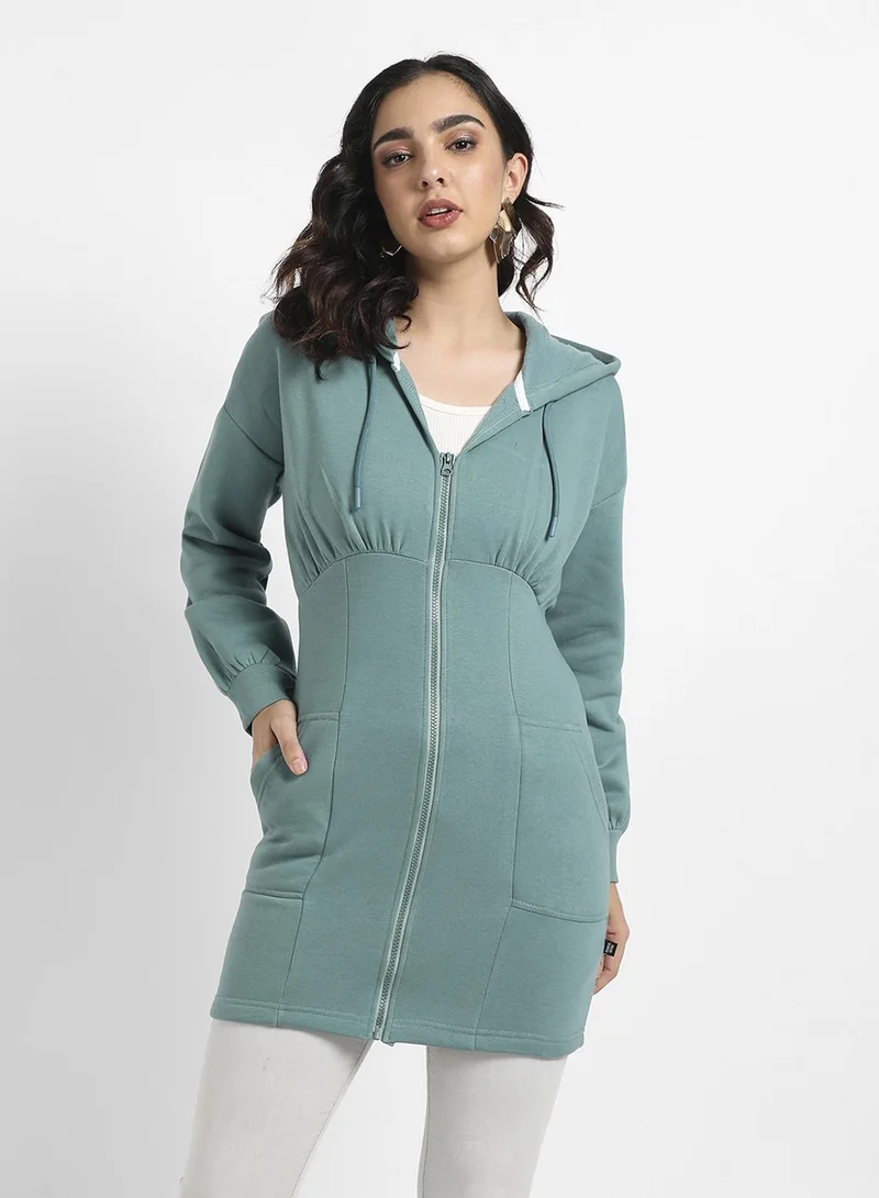 Campus Sutra Women's Teal Green Hooded Bodycon Dress With Insert Pockets