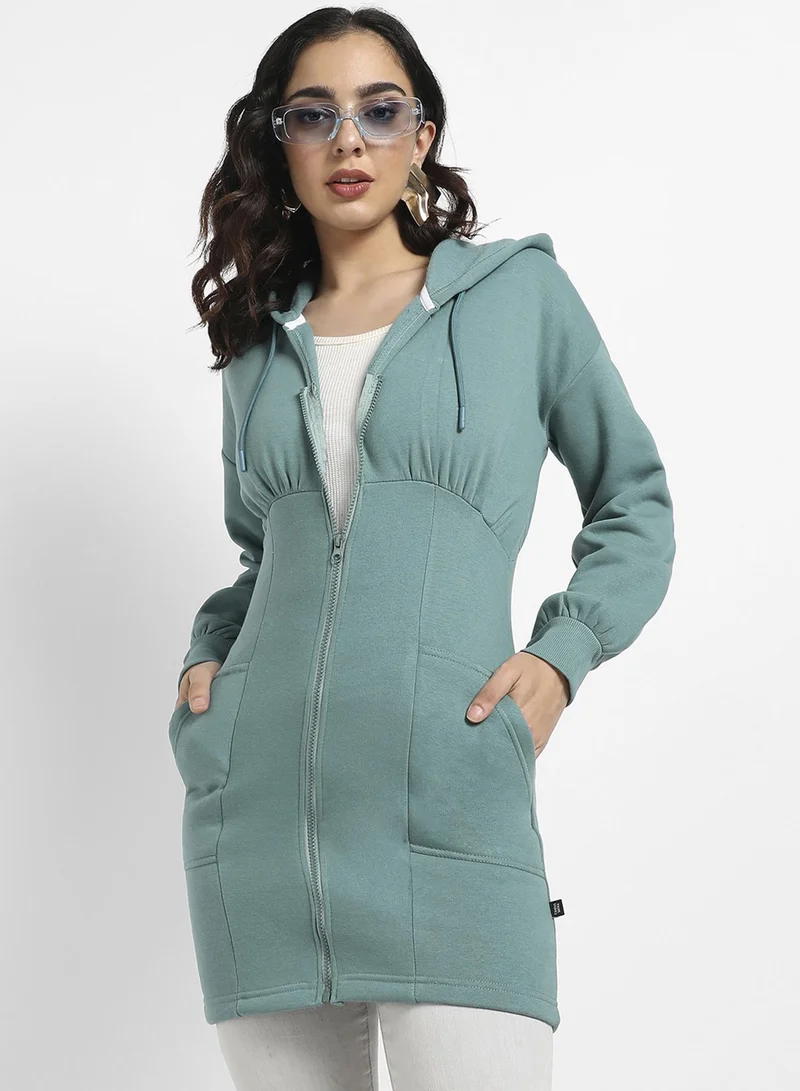 Campus Sutra Women's Teal Green Hooded Bodycon Dress With Insert Pockets