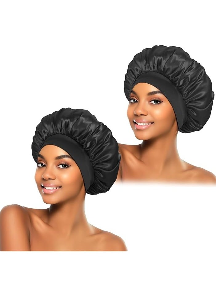 Generic 2Pcs Silk Bonnet for Sleeping, Satin Hair Bonnets, Soft Elastic Band Silk Sleep Cap, Hair Wrap for Women(Black)  - Image 1