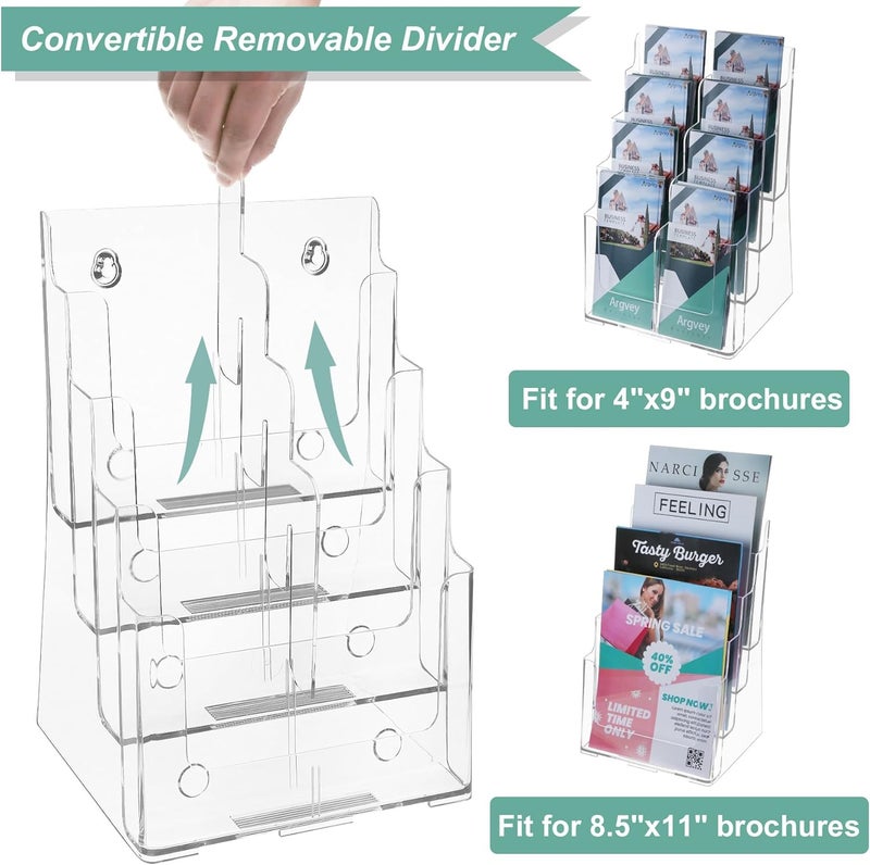 Argvey Acrylic Brochure Holder 8.5 x 11 inches, 4 Tier Clear Brochure Display Stand with Removable Divider for Trifold 4 Inches Wide Pamphlet, Plastic Flyer Holder for Magazine, Literature, Booklet - Image 2