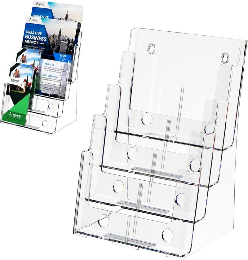 Argvey Acrylic Brochure Holder 8.5 x 11 inches, 4 Tier Clear Brochure Display Stand with Removable Divider for Trifold 4 Inches Wide Pamphlet, Plastic Flyer Holder for Magazine, Literature, Booklet - Image 1