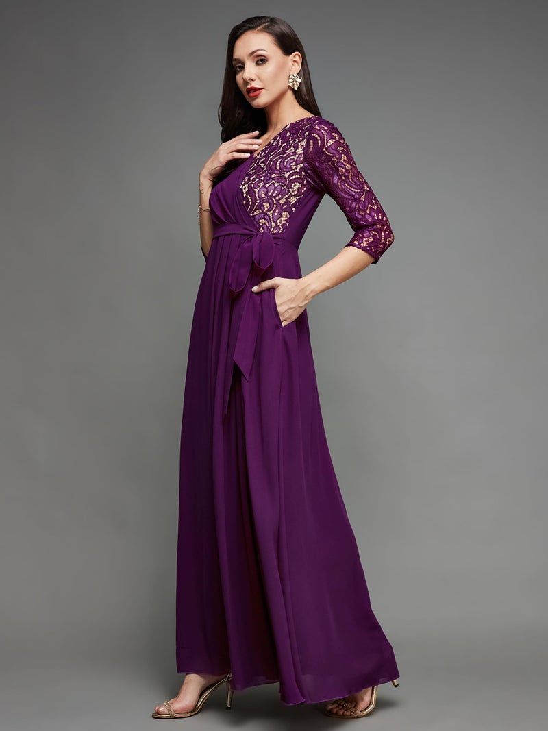 Miss Chase Women's Dark Purple Colored V-Neck Three-Quarter Sleeve Self-Designed Wrap Maxi Georgette Dress with Pockets (MCSS23D98-60-289-07, Dark Purple, XXL) - Image 3