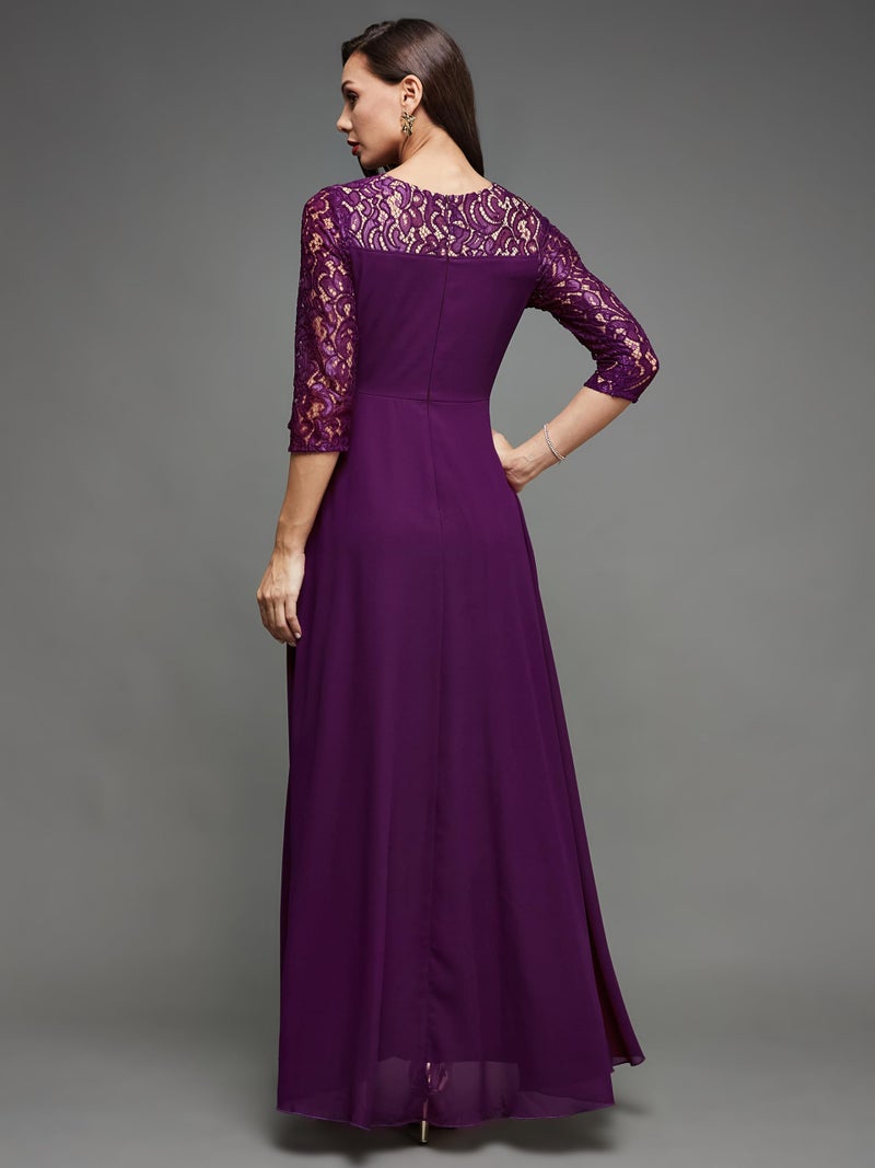 Miss Chase Women's Dark Purple Colored V-Neck Three-Quarter Sleeve Self-Designed Wrap Maxi Georgette Dress with Pockets (MCSS23D98-60-289-07, Dark Purple, XXL) - Image 4