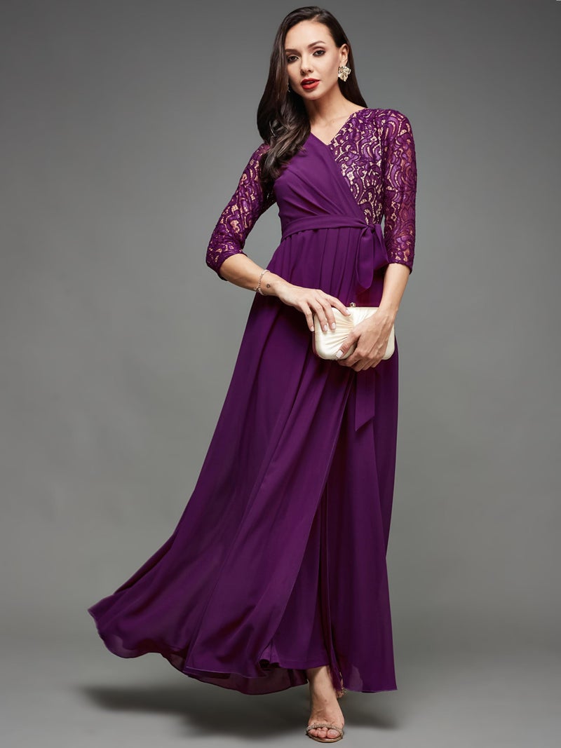 Miss Chase Women's Dark Purple Colored V-Neck Three-Quarter Sleeve Self-Designed Wrap Maxi Georgette Dress with Pockets (MCSS23D98-60-289-07, Dark Purple, XXL) - Image 2