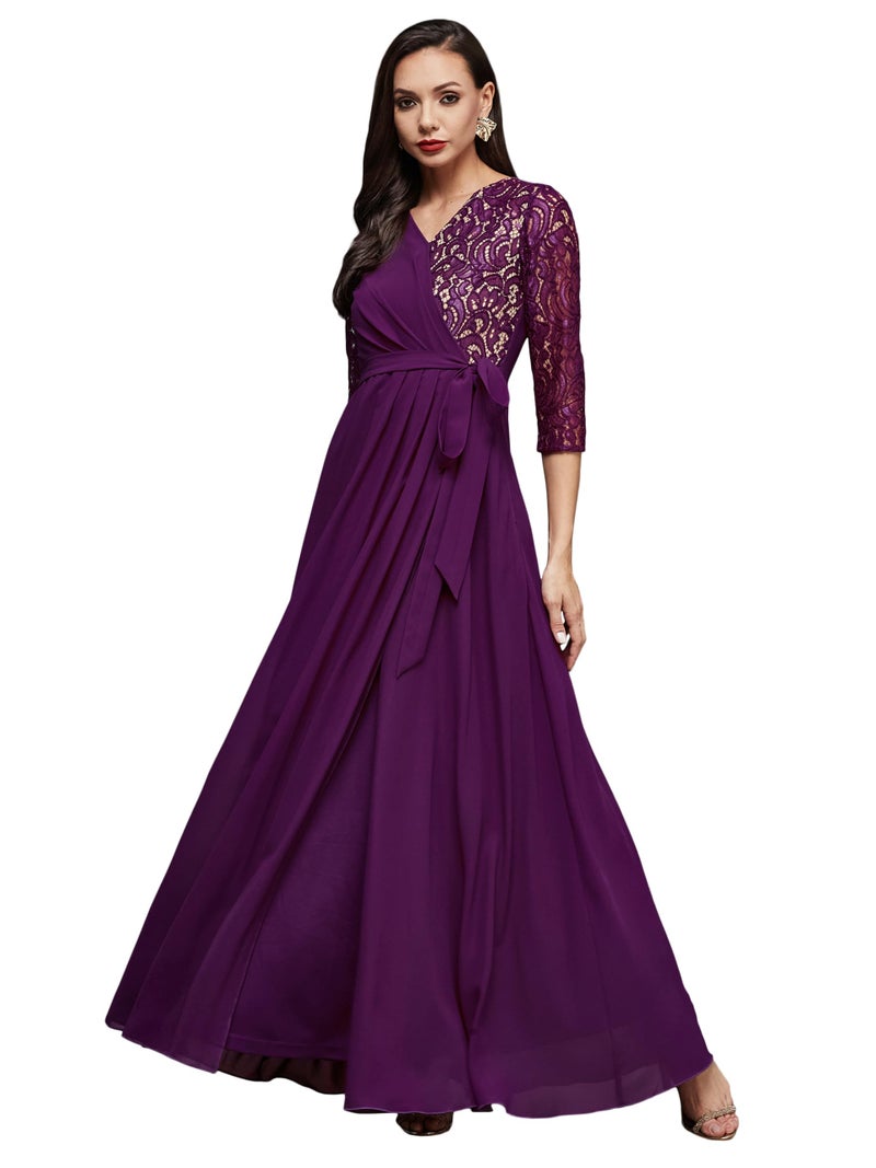 Miss Chase Women's Dark Purple Colored V-Neck Three-Quarter Sleeve Self-Designed Wrap Maxi Georgette Dress with Pockets (MCSS23D98-60-289-07, Dark Purple, XXL) - Image 1