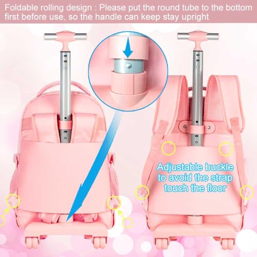 GXTVO 3PCS Rolling Backpack for Girls, Women Wheeled Bookbag with Lunch Box for Adults, Kids Water Resistant Roller School Bag for Teens Travel - Pink - Image 2