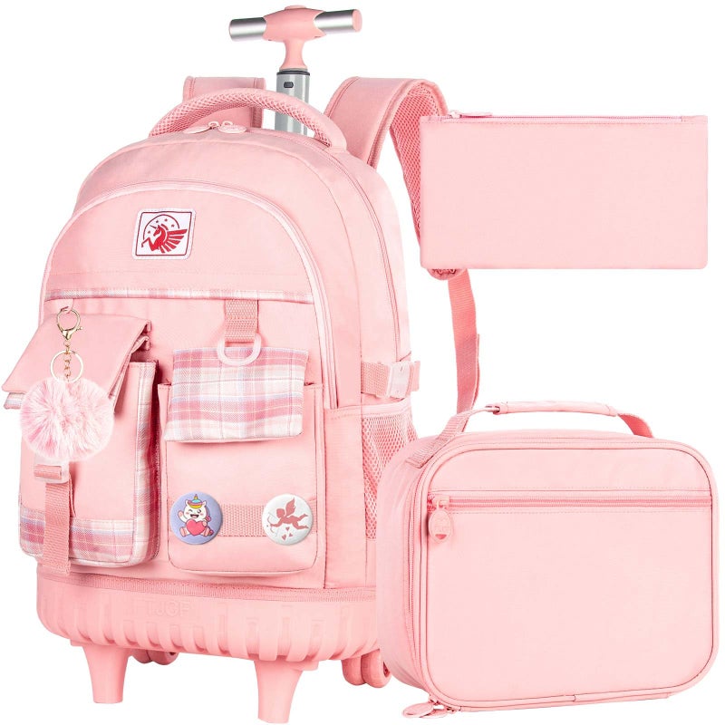 GXTVO 3PCS Rolling Backpack for Girls, Women Wheeled Bookbag with Lunch Box for Adults, Kids Water Resistant Roller School Bag for Teens Travel - Pink - Image 3