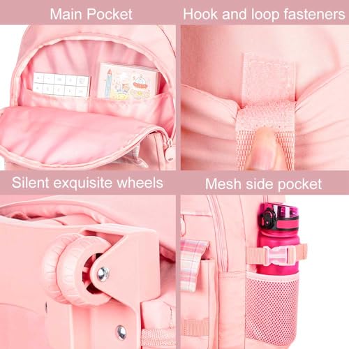 GXTVO 3PCS Rolling Backpack for Girls, Women Wheeled Bookbag with Lunch Box for Adults, Kids Water Resistant Roller School Bag for Teens Travel - Pink - Image 5